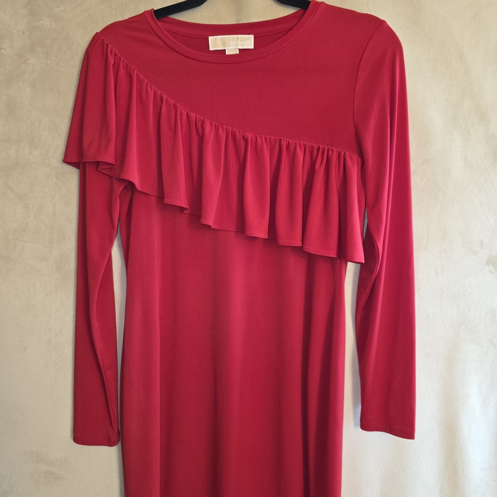 Michael Kors Red Long-Sleeve Ruffle Midi Dress